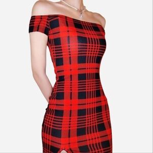 SHEIN Red and Black Strapless Plaid Dress